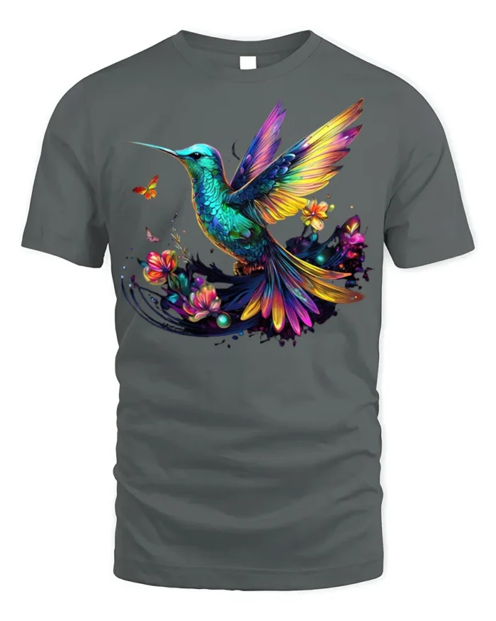 Colorful Hummingbird Floral Graphic T-Shirt for Nature Fans - gray t-shirt on white background