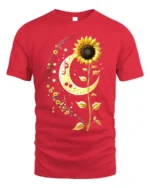Sunflower Moon Musical Notes Graphic T-Shirt - red t-shirt on white background