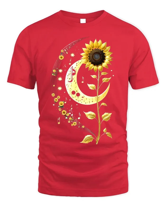 Sunflower Moon Musical Notes Graphic T-Shirt - red t-shirt on white background