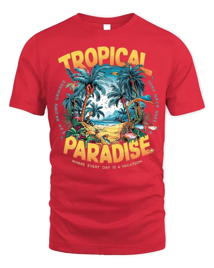 Tropical Paradise Graphic T-Shirt for Beach Vibes Lovers - red t-shirt on white background