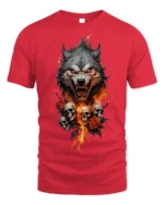 Flaming Wolf and Skull Graphic T-Shirt for Dark Style Fans - red t-shirt on white background