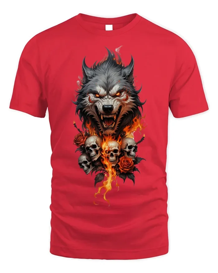 Flaming Wolf and Skull Graphic T-Shirt for Dark Style Fans - red t-shirt on white background