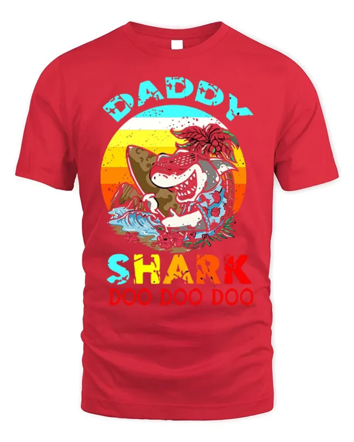 Daddy Shark Doo Doo Funny T-Shirt for Cool Beach Dads - red t-shirt on white background
