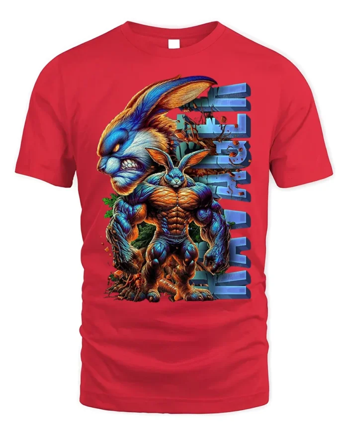 Muscle Bunny Ultra Beast T-Shirt for Gym and Comic Fans - red t-shirt on white background