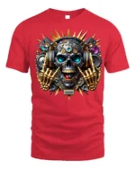DJ Skull T-Shirt with Headphones and Gold Skeleton Hands - red t-shirt on white background