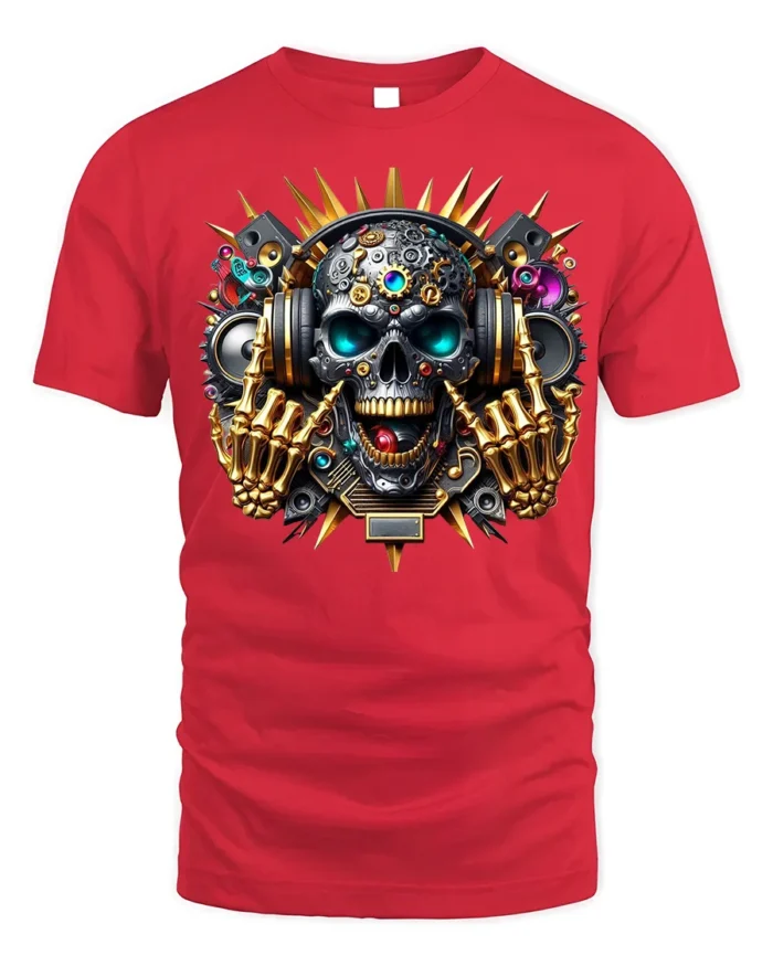 DJ Skull T-Shirt with Headphones and Gold Skeleton Hands - red t-shirt on white background