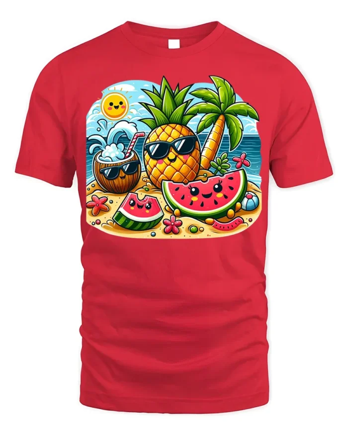 Cute Summer Fruit Beach T-Shirt - red t-shirt on white background