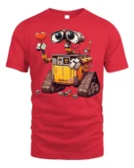 Cute Robot Love T-Shirt with Heart and Cartoon Style Design - red t-shirt on white background
