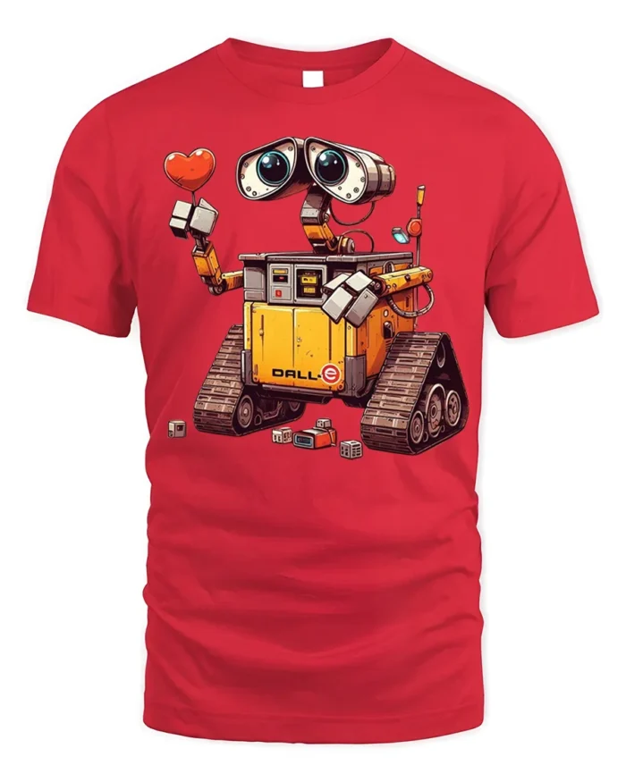 Cute Robot Love T-Shirt with Heart and Cartoon Style Design - red t-shirt on white background