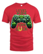 Level Up Your Luck Gaming T-Shirt with Shamrock Controller - red t-shirt on white background