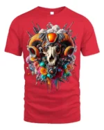 Psychedelic Ram Skull Tech Art T-Shirt - red t-shirt on white background