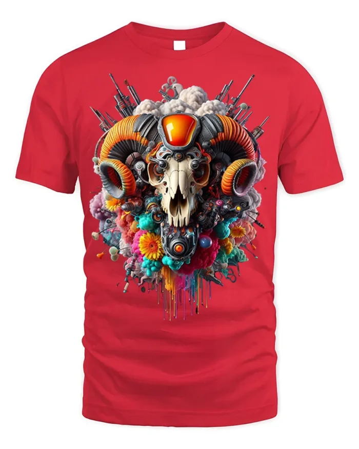 Psychedelic Ram Skull Tech Art T-Shirt - red t-shirt on white background