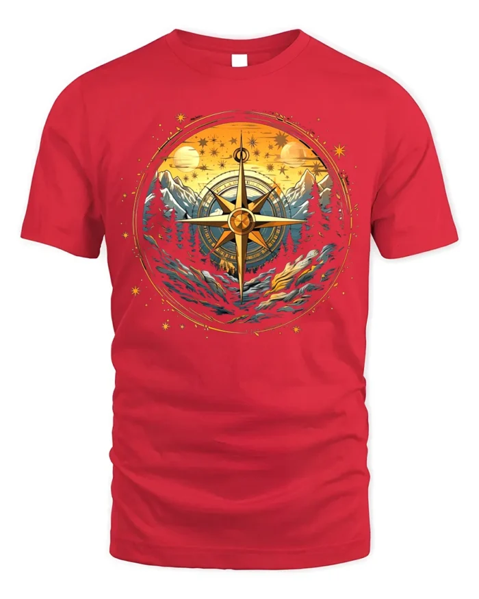 Compass Mountain Forest Adventure Graphic T-Shirt Unisex - red t-shirt on white background