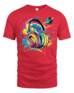 Colorful Headphones Galaxy Music T-Shirt for Music Lovers - red t-shirt on white background