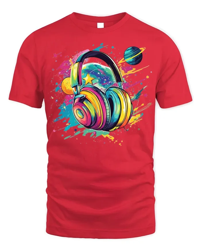 Colorful Headphones Galaxy Music T-Shirt for Music Lovers - red t-shirt on white background