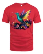Colorful Hummingbird Floral Graphic T-Shirt for Nature Fans - red t-shirt on white background