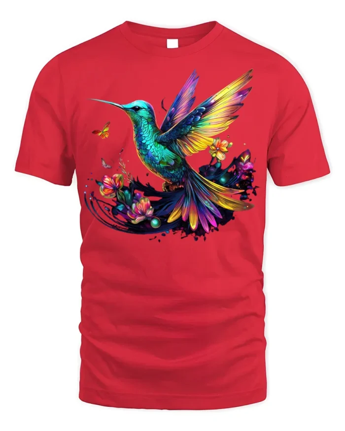 Colorful Hummingbird Floral Graphic T-Shirt for Nature Fans - red t-shirt on white background