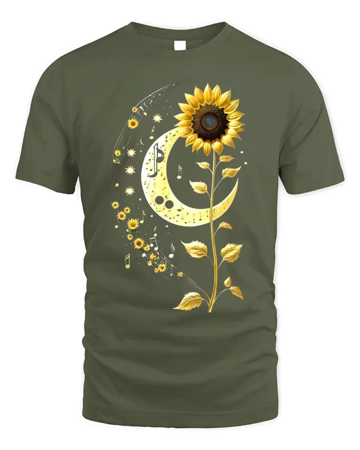 Sunflower Moon Musical Notes Graphic T-Shirt - military green t-shirt on white background