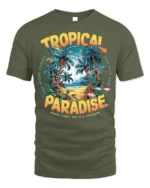 Tropical Paradise Graphic T-Shirt for Beach Vibes Lovers - military green t-shirt on white background