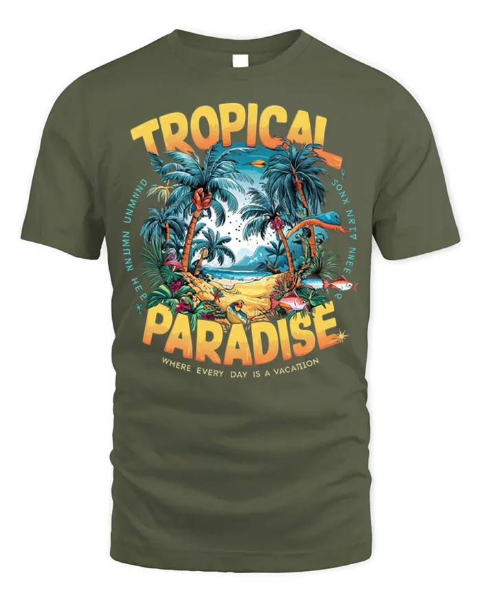 Tropical Paradise Graphic T-Shirt for Beach Vibes Lovers - military green t-shirt on white background