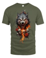Flaming Wolf and Skull Graphic T-Shirt for Dark Style Fans - military green t-shirt on white background