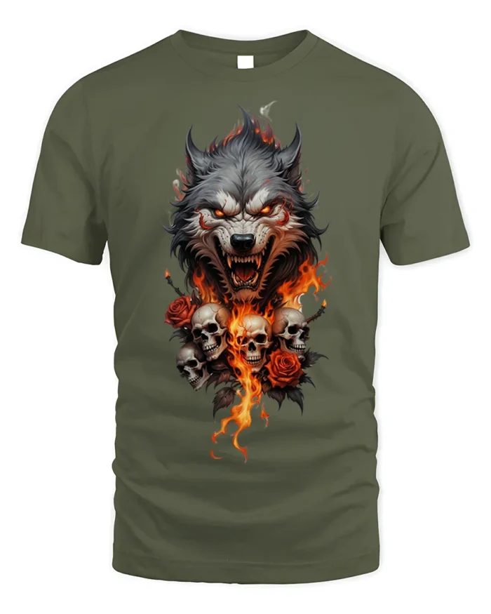 Flaming Wolf and Skull Graphic T-Shirt for Dark Style Fans - military green t-shirt on white background