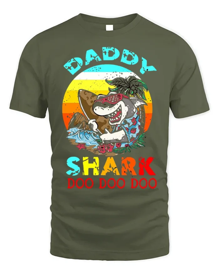 Daddy Shark Doo Doo Funny T-Shirt for Cool Beach Dads - military green t-shirt on white background