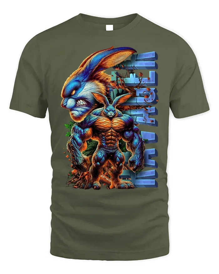 Muscle Bunny Ultra Beast T-Shirt for Gym and Comic Fans - military green t-shirt on white background