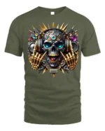 DJ Skull T-Shirt with Headphones and Gold Skeleton Hands - military green t-shirt on white background