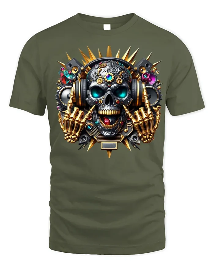 DJ Skull T-Shirt with Headphones and Gold Skeleton Hands - military green t-shirt on white background