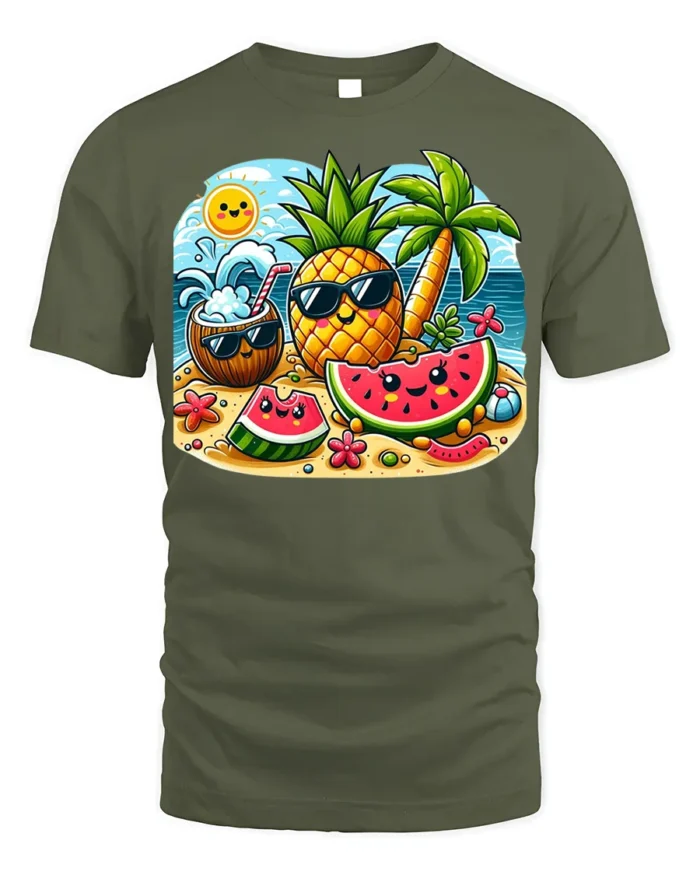 Cute Summer Fruit Beach T-Shirt - military green t-shirt on white background