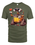 Cute Robot Love T-Shirt with Heart and Cartoon Style Design - military green t-shirt on white background
