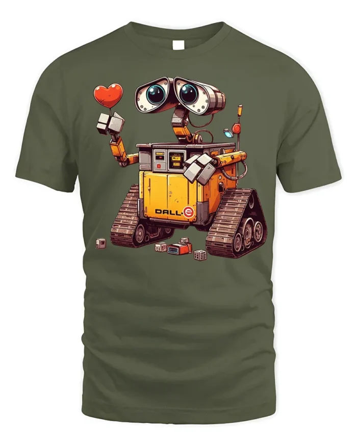 Cute Robot Love T-Shirt with Heart and Cartoon Style Design - military green t-shirt on white background