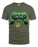 Level Up Your Luck Gaming T-Shirt with Shamrock Controller - military green t-shirt on white background