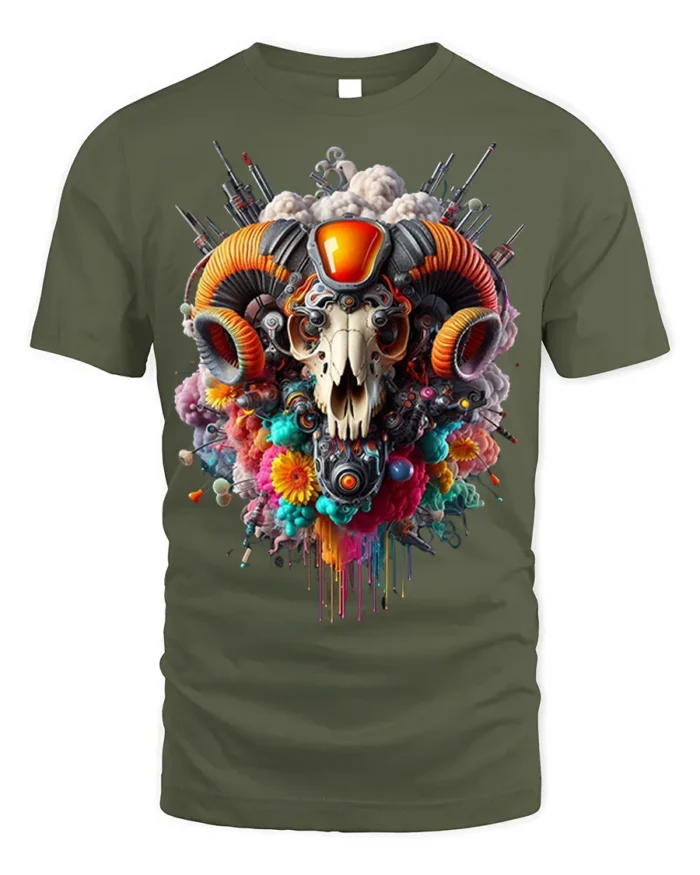 Psychedelic Ram Skull Tech Art T-Shirt - military green t-shirt on white background