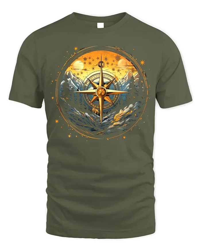 Compass Mountain Forest Adventure Graphic T-Shirt Unisex - military green t-shirt on white background