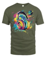 Colorful Headphones Galaxy Music T-Shirt for Music Lovers - military green t-shirt on white background