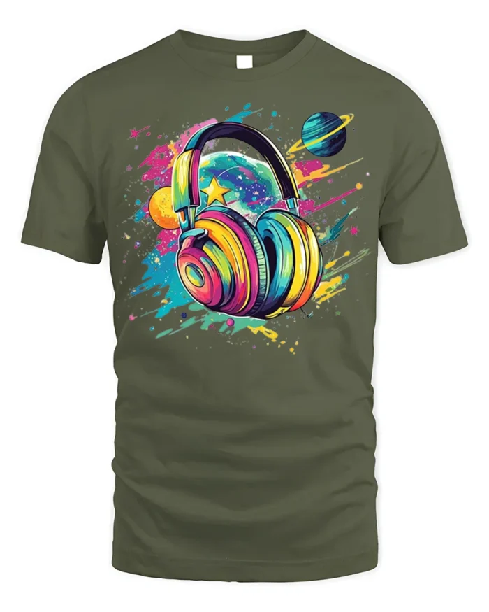 Colorful Headphones Galaxy Music T-Shirt for Music Lovers - military green t-shirt on white background