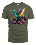 Colorful Hummingbird Floral Graphic T-Shirt for Nature Fans - military green t-shirt on white background
