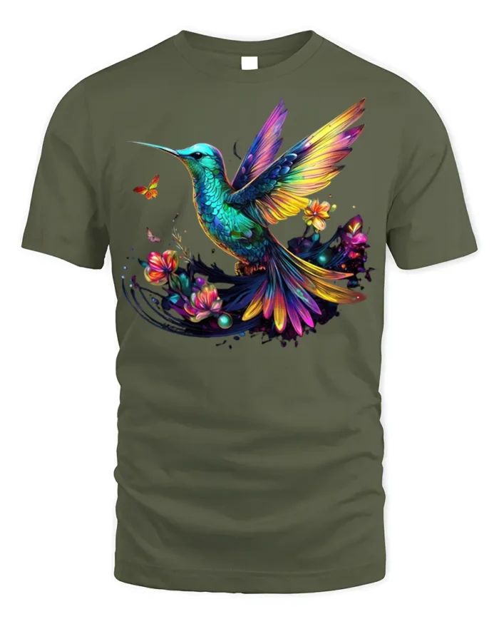 Colorful Hummingbird Floral Graphic T-Shirt for Nature Fans - military green t-shirt on white background