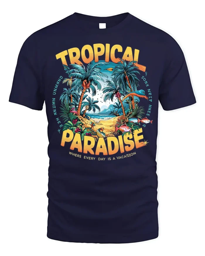 Tropical Paradise Graphic T-Shirt for Beach Vibes Lovers - navy t-shirt on white background