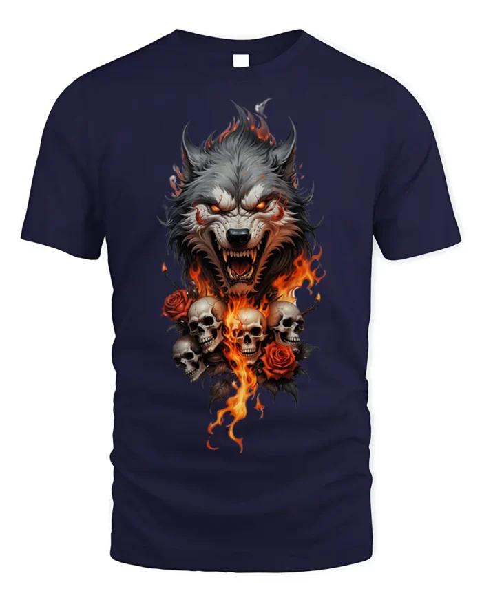 Flaming Wolf and Skull Graphic T-Shirt for Dark Style Fans - navy t-shirt on white background