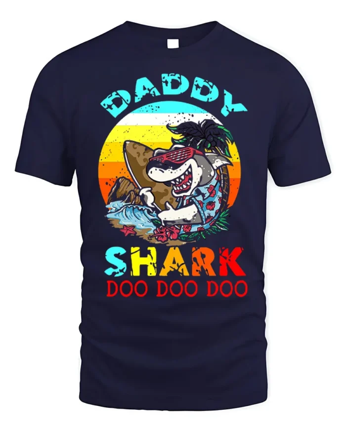 Daddy Shark Doo Doo Funny T-Shirt for Cool Beach Dads - navy t-shirt on white background