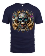 DJ Skull T-Shirt with Headphones and Gold Skeleton Hands - navy t-shirt on white background