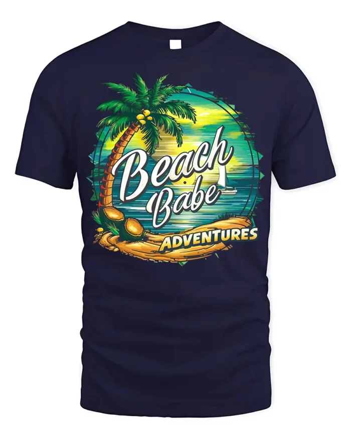 Beach Babe Adventures T-Shirt for Tropical Summer Vibes - navy t-shirt on white background
