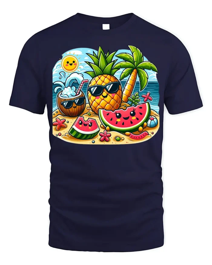 Cute Summer Fruit Beach T-Shirt - navy t-shirt on white background