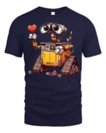 Cute Robot Love T-Shirt with Heart and Cartoon Style Design - navy t-shirt on white background