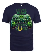 Level Up Your Luck Gaming T-Shirt with Shamrock Controller - navy t-shirt on white background
