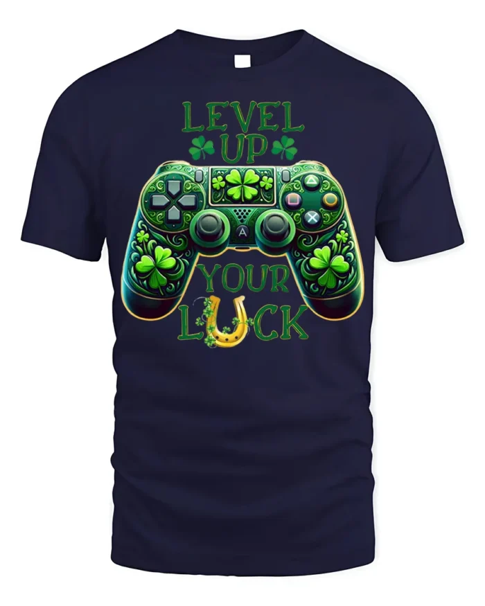 Level Up Your Luck Gaming T-Shirt with Shamrock Controller - navy t-shirt on white background