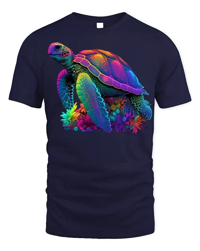 Colorful Sea Turtle Ocean Reef Graphic T-Shirt Unisex - navy t-shirt on white background